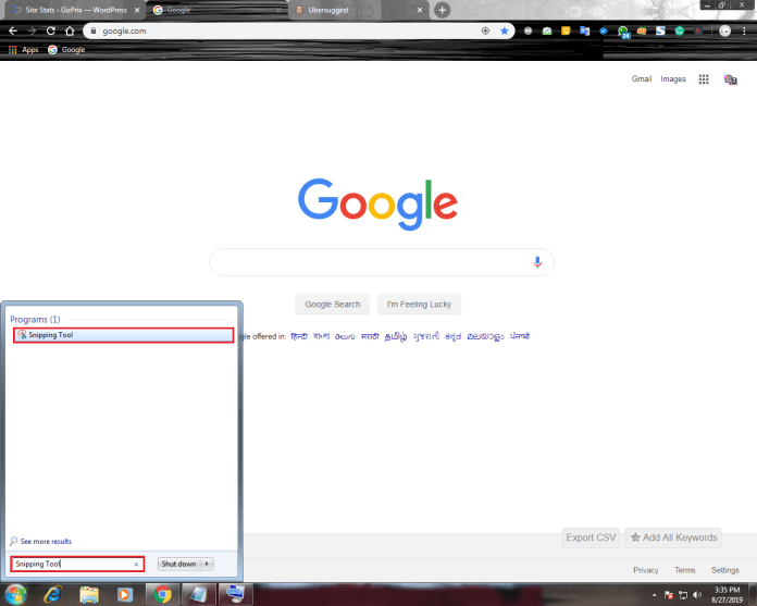 Typing Snipping Tool in Windows Start Menu