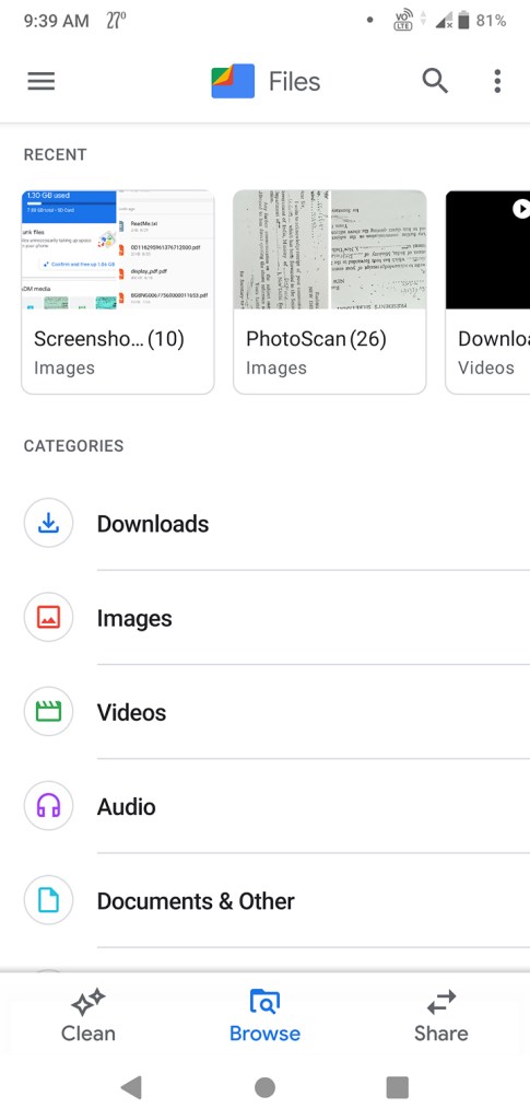 Browse tab in Google file manager