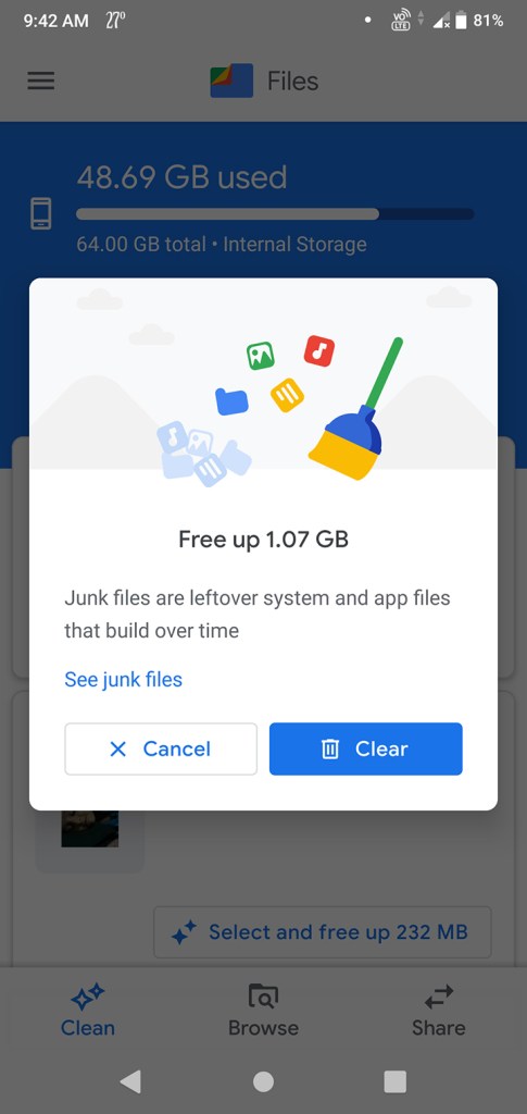Clean now feature in Files by Google