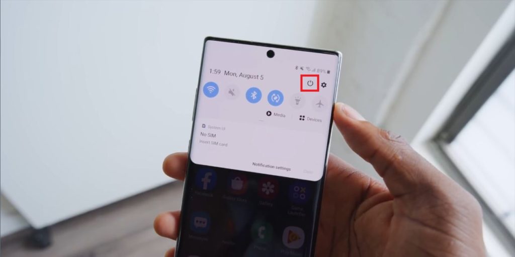 Power Off / Reboot icon in Samsung Note 10 notification menu