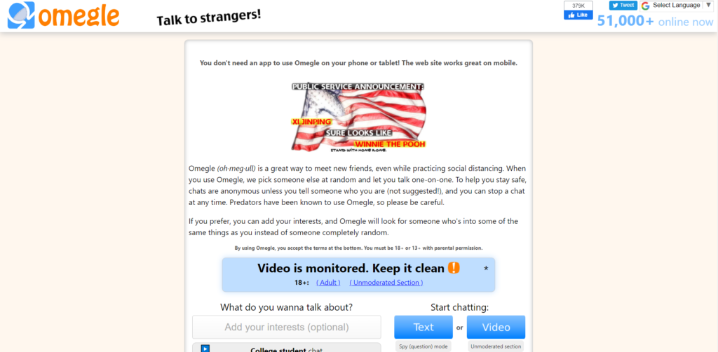 Omegle homepage