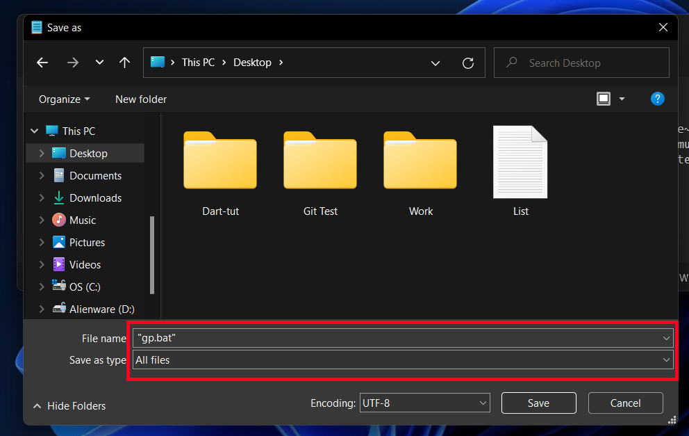 Saving bat file on Windows 11